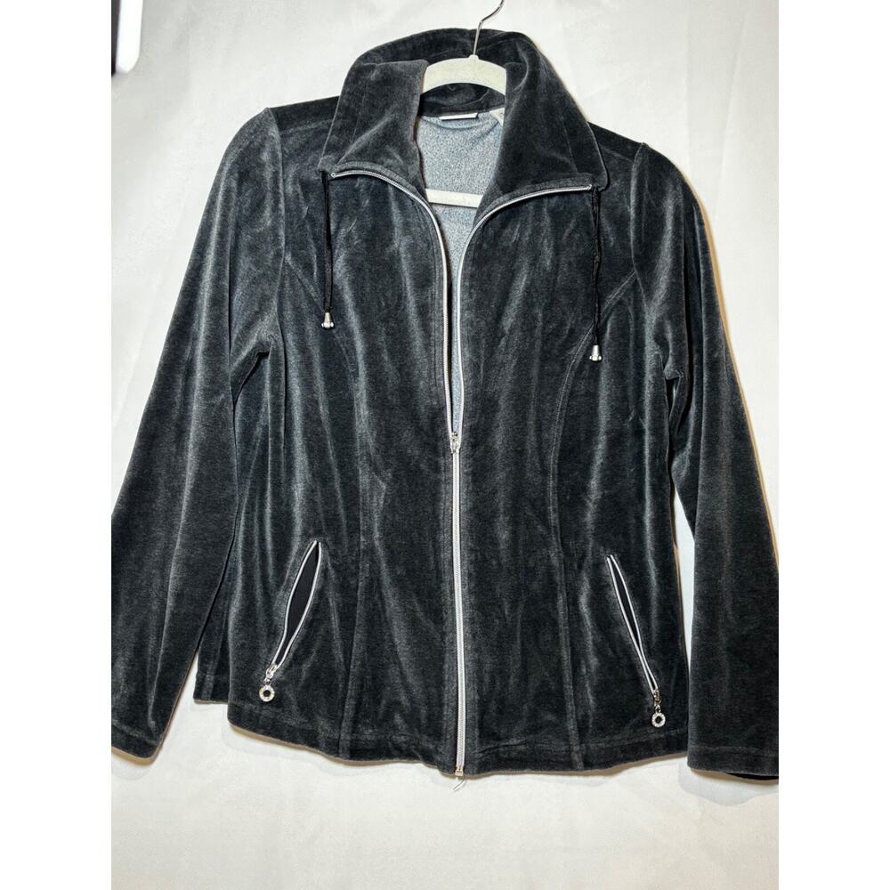 Zenergy by CHICOS Sz M sz 1 Gray Velour Sweat Jacket Full Zip Bling chic momcore